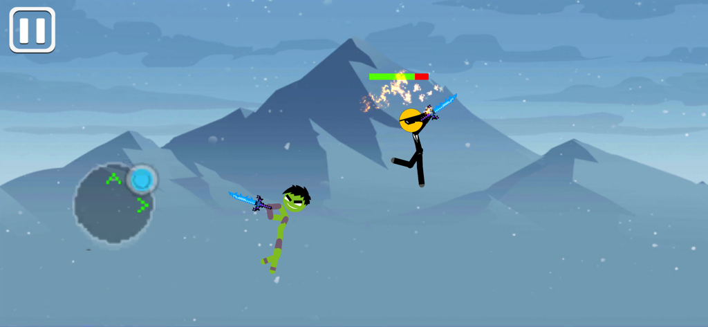 Due personaggi stickman combattono con spade in un'arena di montagna innevata