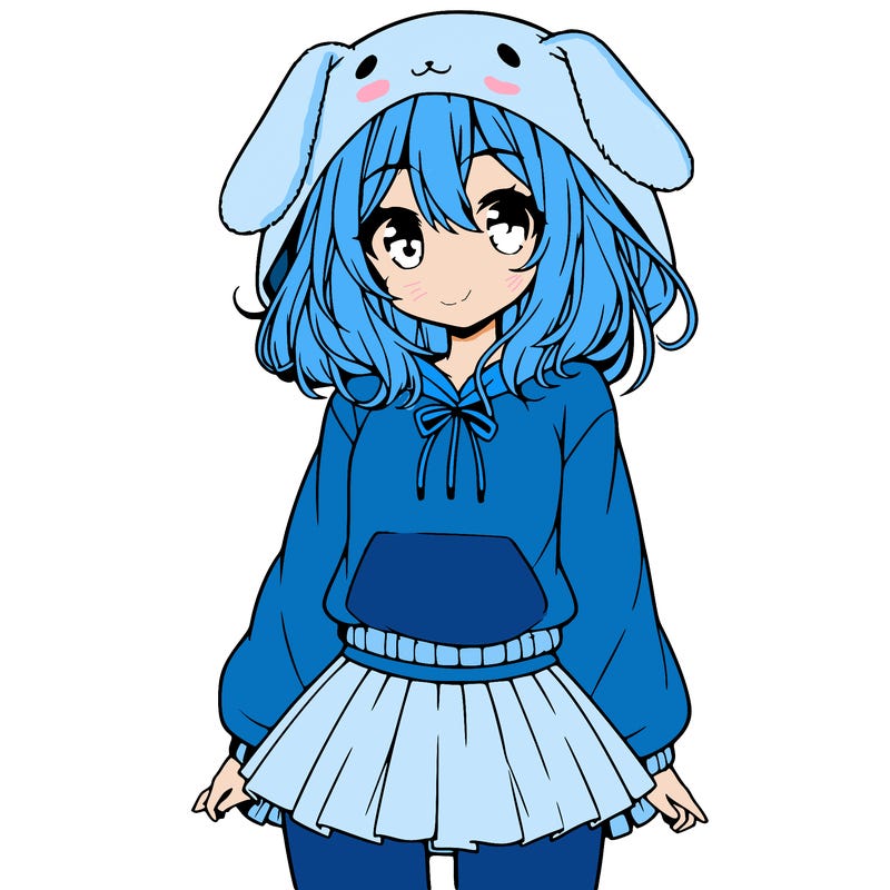 pretty anime girl wearing a fluffy hoodie with bunny ears on the hood and a skirt