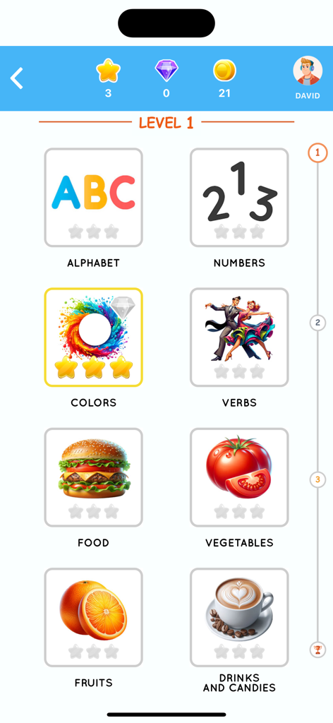 English learning app showing Level 1 vocabulary topics like alphabet numbers and food