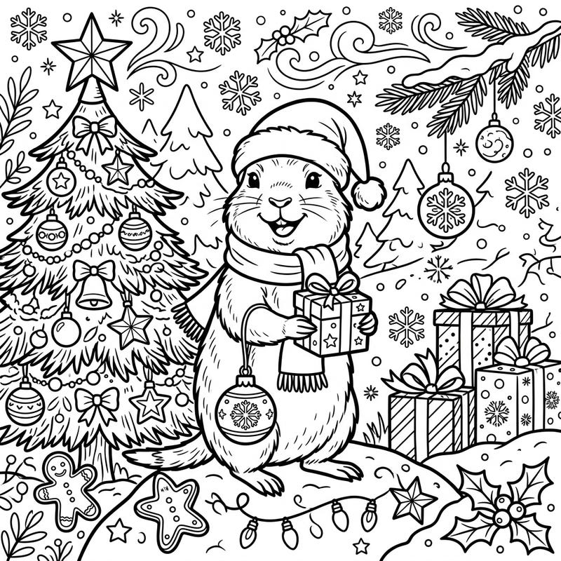 Dive into the holiday cheer with this charming prairie dog Christmas coloring page, featuring a heartwarming scene filled with festive decorations and presents. It's the perfect activity to bring a touch of winter wonder and joy to your coloring collection.
