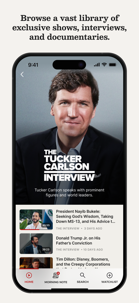 The TCN app home screen featuring exclusive shows and interviews.