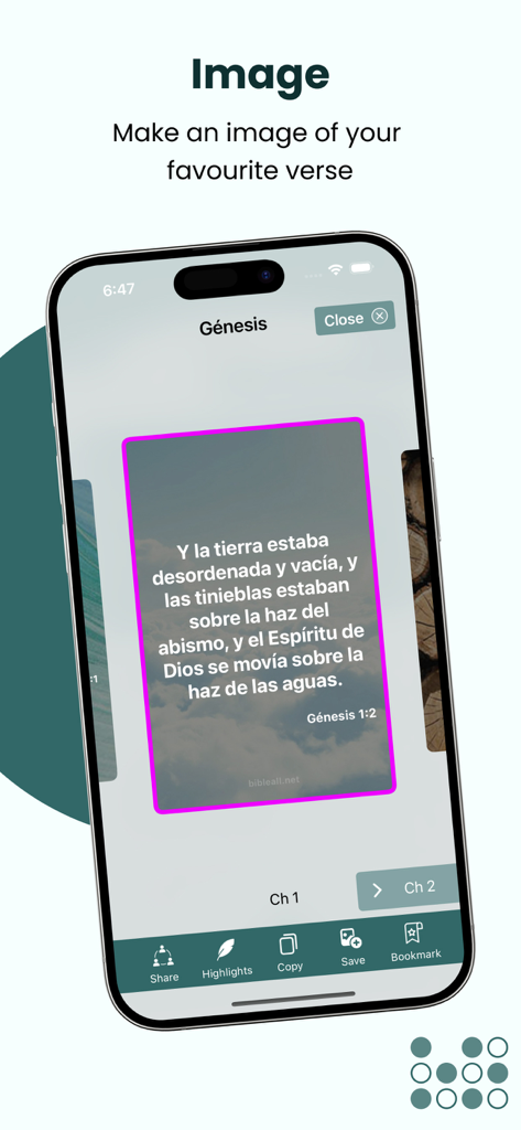 La Biblia del Oso 1569 + Audio - A Bible verse from Genesis 1:2 displayed on a decorative cloud background within the app interface