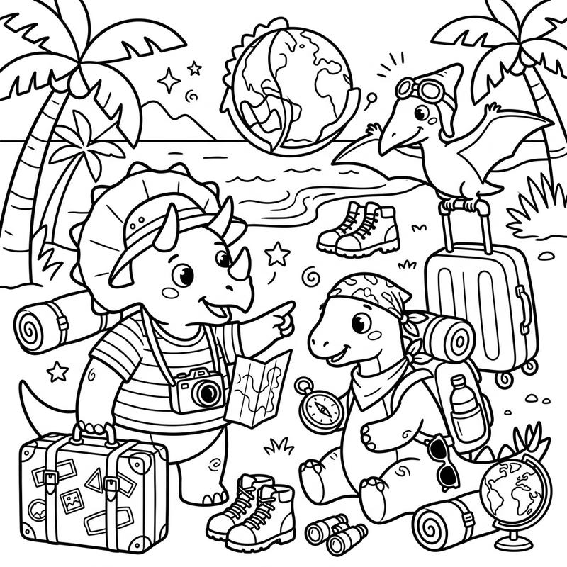 Embark on an epic coloring adventure with our delightful dinosaurs enjoying a sunny vacation! This charming page is packed with fun travel details, inviting young artists to bring their imaginative journey to life.