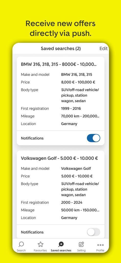 Pantalla de la aplicación AutoScout24 que muestra búsquedas de vehículos guardadas para BMW y Volkswagen con interruptores de notificación.