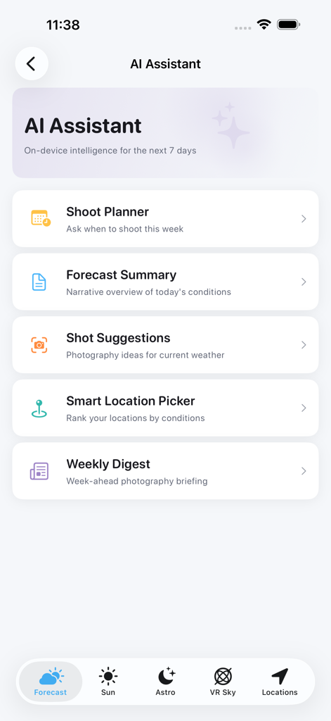 CloudScape - Pantalla del Asistente de IA de la aplicación CloudScape que muestra herramientas de fotografía como planificador de tomas y sugerencias de tomas