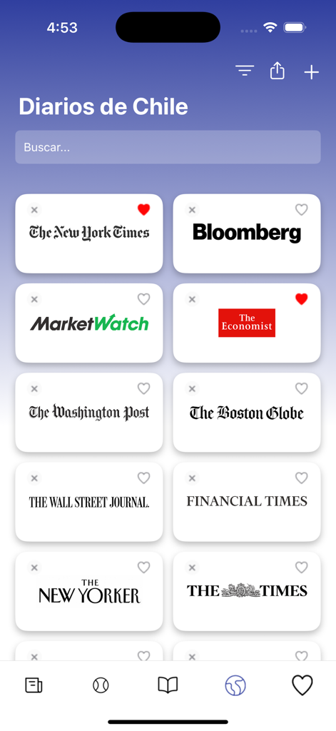 Diarios de Chile - Diarios de Chile app interface displaying a grid of international news mastheads including The New York Times and Bloomberg