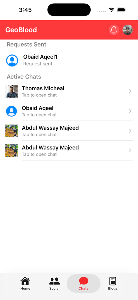 Geoblood - Blood Donation - Interface do aplicativo Geoblood mostrando chats de doação ativos e solicitações enviadas