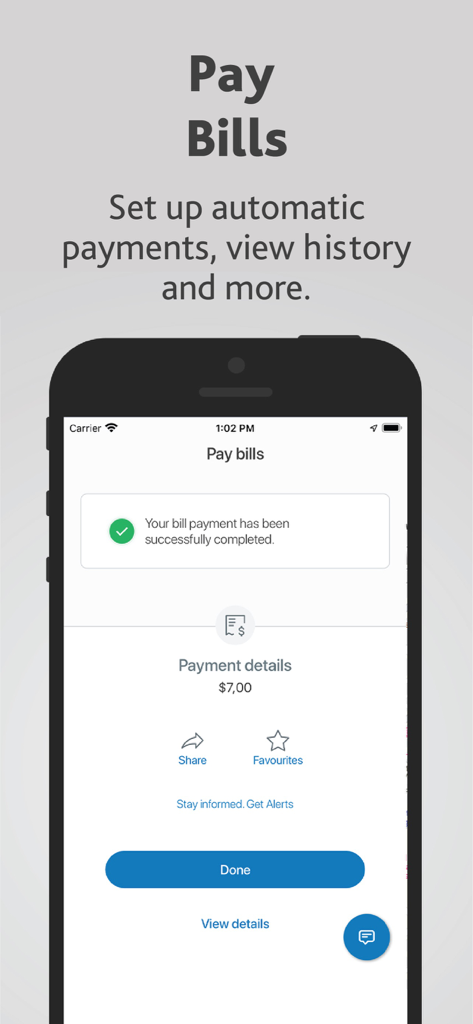 Alterna Bank Mobile Banking - A mobile screen from the Alterna Bank app showing a successful bill payment confirmation for seven dollars.