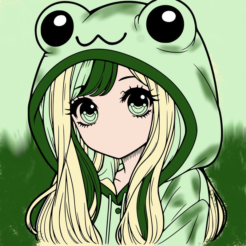 a pretty girl wearing a frog hoodie portrait with long hair