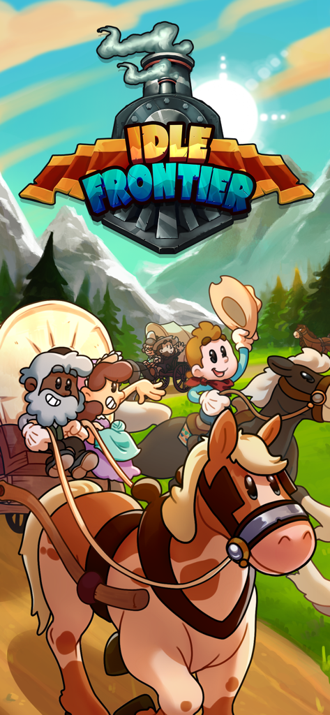 Wild West pioneers traveling in a wagon and on horseback with the Idle Frontier game logo displayed on a steam train