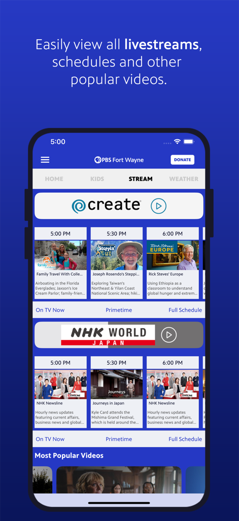 PBS Fort Wayne mobile app displaying the livestream schedule for various television programs