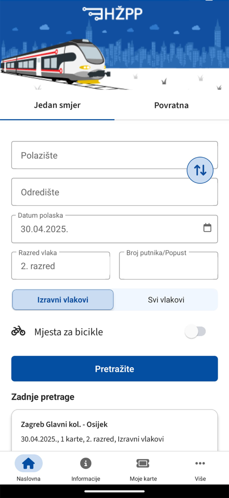 HŽPP app home screen displaying the train route search interface with fields for origin, destination, and date.