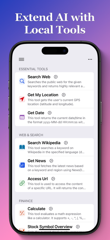 Privacy AI: Powerful chatbot - Interface of the Privacy AI app showing a list of available local tools such as Web Search, Location, News, and Finance calculators.
