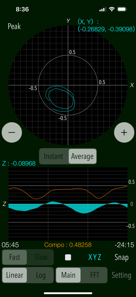 Vibroscope - Vibroscope app interface showing real time 3 axis vibration acceleration graphs and data logger settings
