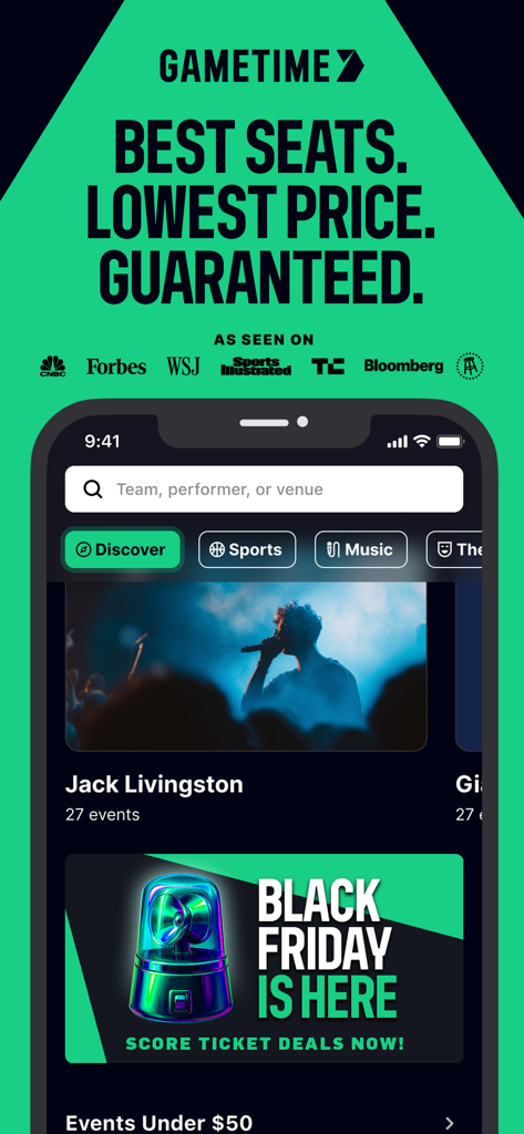 Gametime app home screen showing last minute ticket deals and best price guarantee