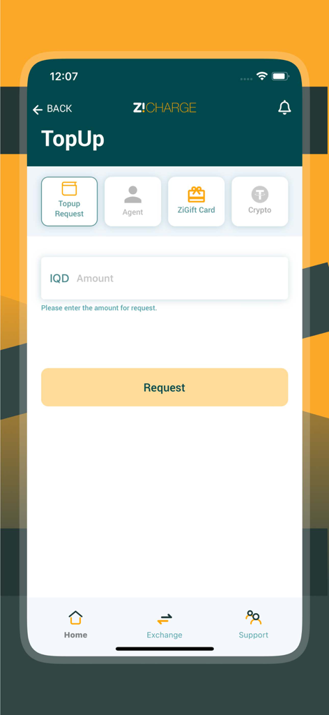ZiCharge - The top up interface of the ZiCharge mobile wallet app showing options for gift cards and crypto.