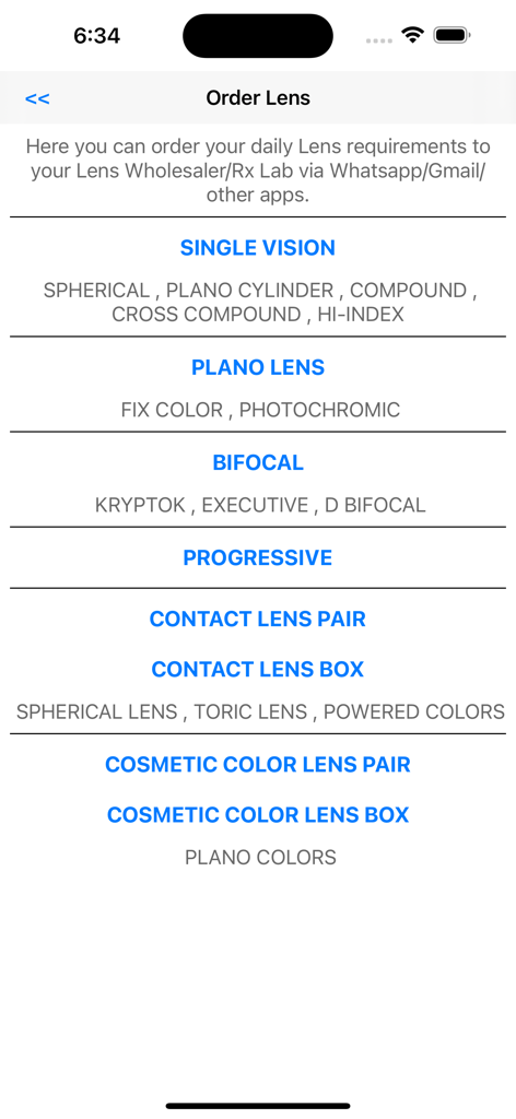 Interface of the Mobi Optical app showing categories for ordering lenses including single vision and bifocals