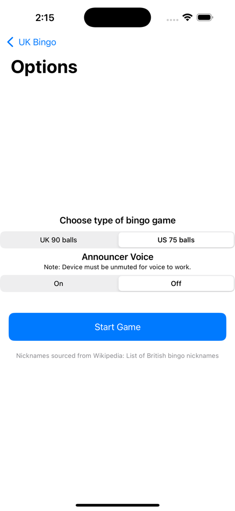 Bingo game options menu showing selection for UK 90 balls or US 75 balls and announcer voice toggle