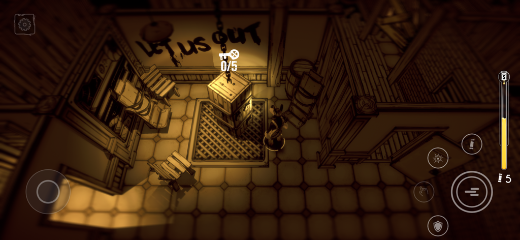 Bendy: Lone Wolf - Boris der Wolf steht in einem sepiafarbenen Raum mit der Aufschrift Lass uns raus an der Wand in einem Top-Down-Survival-Spiel.