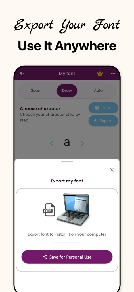 コンピューターにインストールするためのフォントエクスポートオプションを表示する画面。