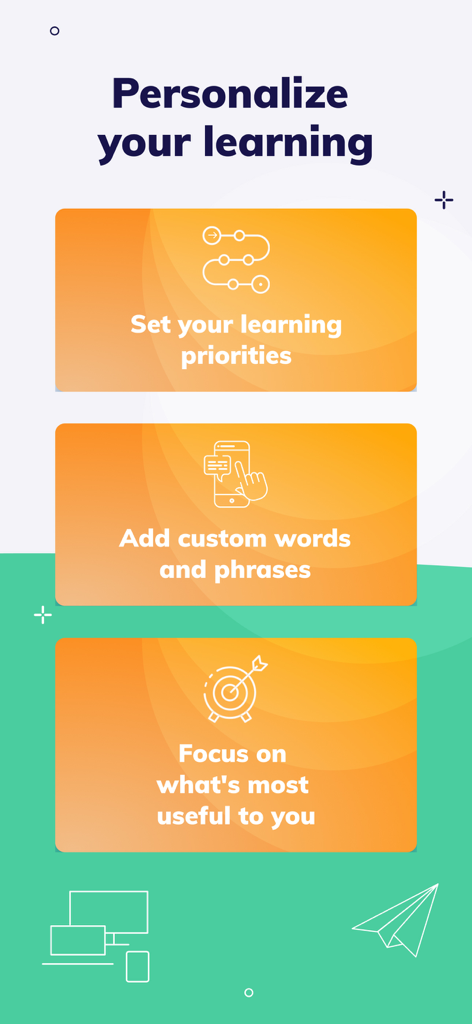 MosaLingua - Learn Languages - MosaLingua app interface showing options to personalize learning by setting priorities and adding custom words