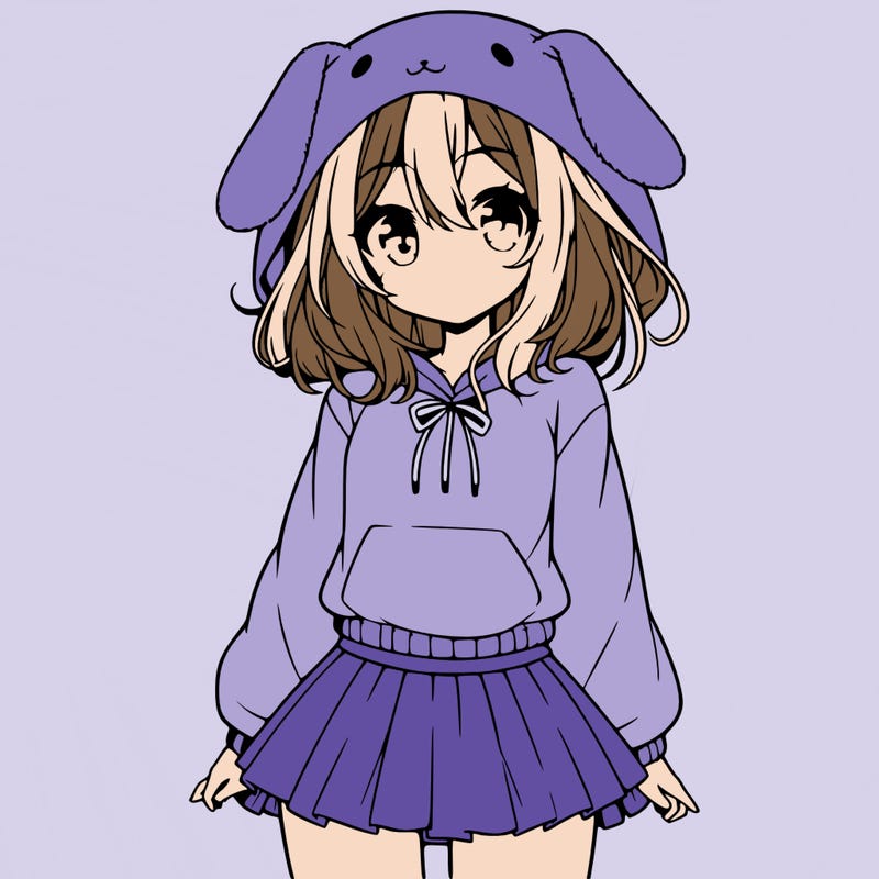 pretty anime girl wearing a fluffy hoodie with bunny ears on the hood and a skirt