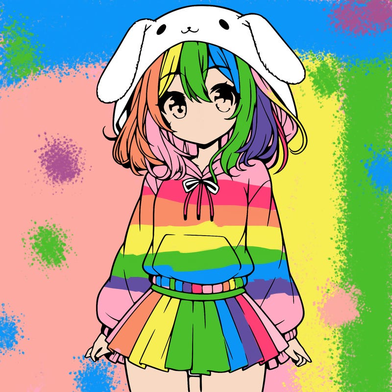 pretty anime girl wearing a fluffy hoodie with bunny ears on the hood and a skirt