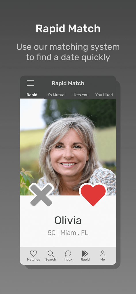 과부 앱 데이트의 빠른 매칭 화면에 매칭 옵션을 보여주는 시니어 여성 프로필입니다.