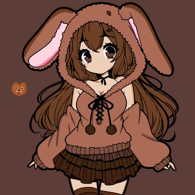 pretty anime girl wearing a fluffy hoodie with bunny ears on the hood and a skirt