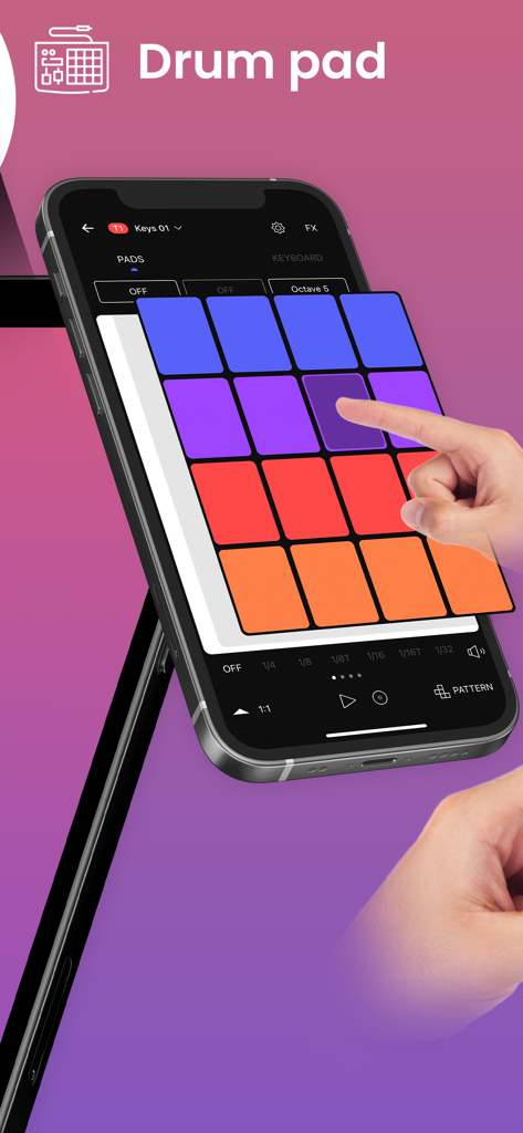 Tize: Music & Beat Maker - User tapping a colorful drum pad grid on the Tize music production app