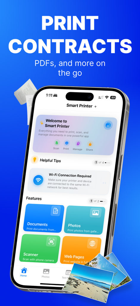 Smart Printer Wireless: iPrint - Interfaccia dell'app Smart Printer Wireless iPrint che mostra le opzioni per la stampa e la scansione