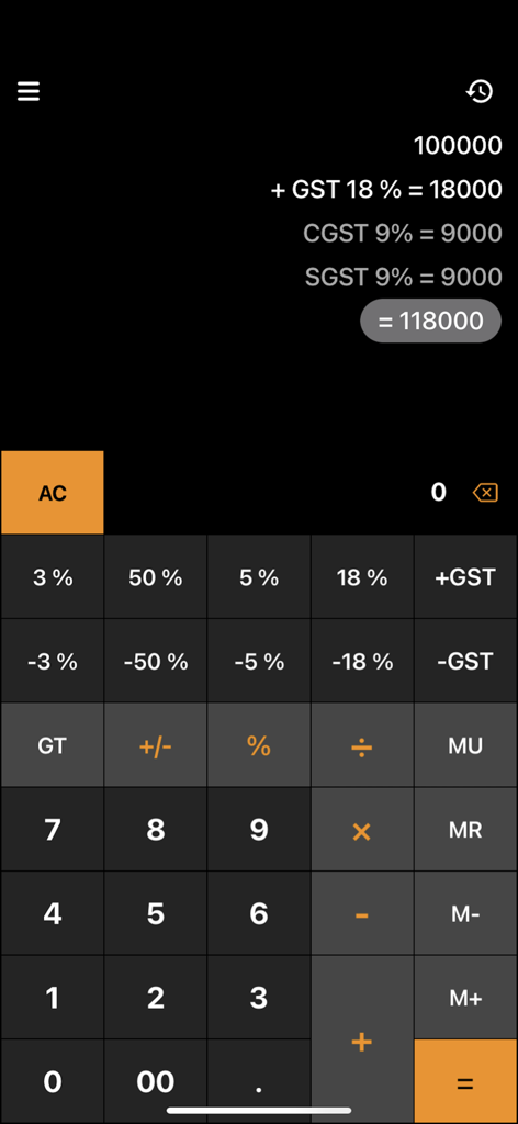 Gst Calculator - Tax Clac - Mobile App-Oberfläche zur Berechnung der GST mit Steueraufschlüsselung und voreingestellten Prozenttasten