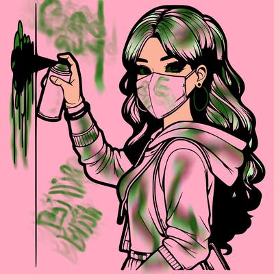 realistic girl with mask spray painting a wall