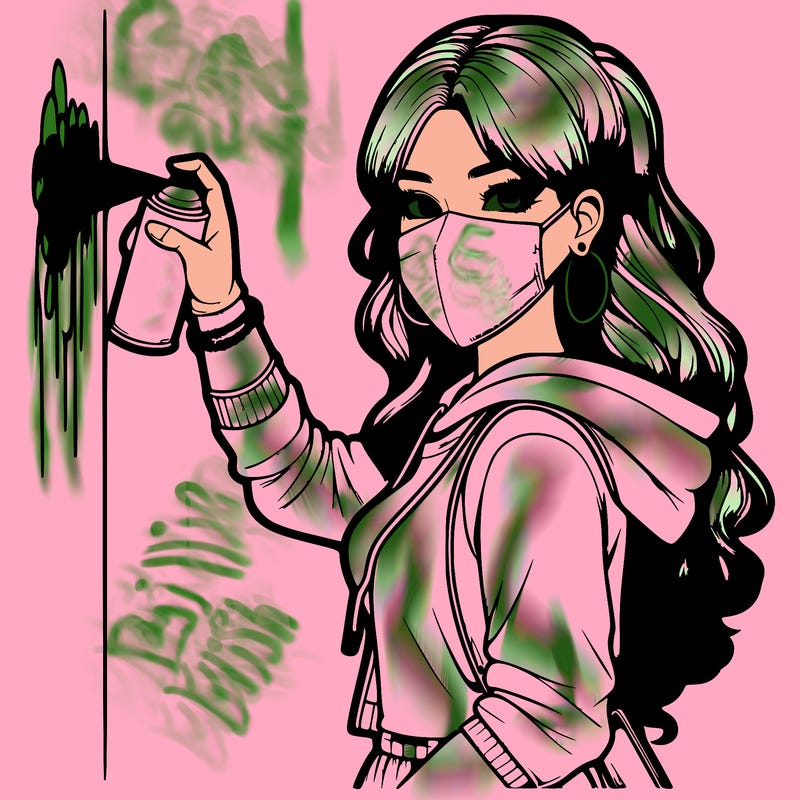 realistic girl with mask spray painting a wall