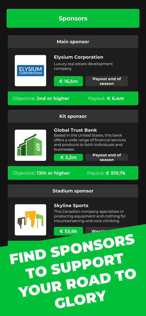 Club Boss - Football Game - Sponsors management screen in Club Boss game showing main, kit, and stadium sponsors with payouts and objectives.