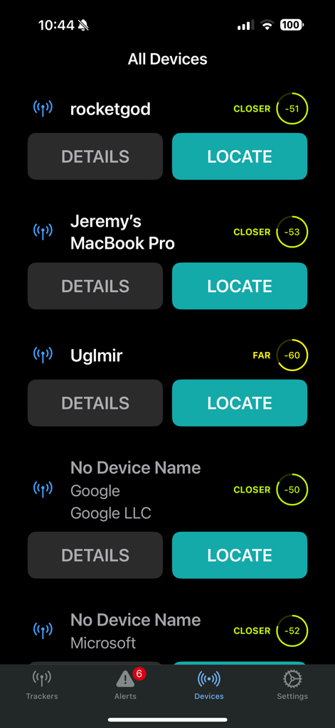 Tracker Detector - Screenshot of the Tracker Detector app showing a list of nearby detected Bluetooth devices with signal strength and locate options.