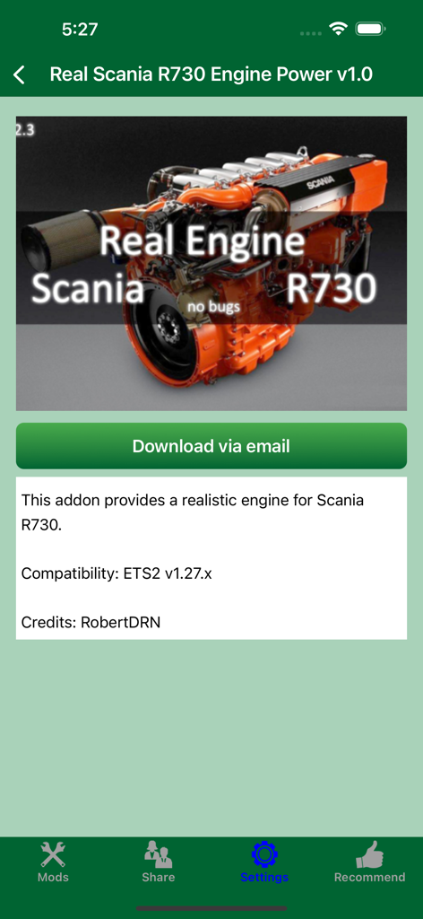 App screen showing details for the Scania R730 engine mod