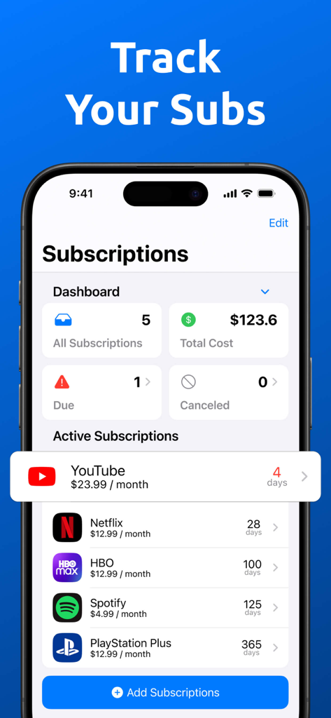 Subscription Trackerㅤ - Dashboard of the Subscription Tracker app showing monthly costs and a list of active subscriptions like Netflix and YouTube