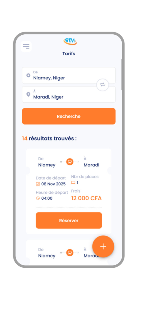 STM Connect - Interface de l'application mobile STM Connect montrant les résultats de recherche de billets de bus entre Niamey et Maradi avec les prix et les options de réservation.