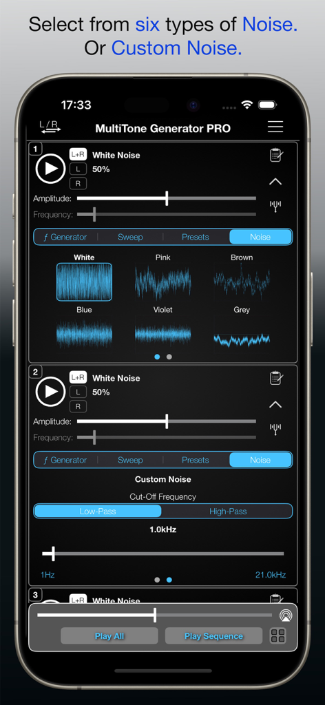 MultiTone Generator - MultiTone Generator app interface showing white pink and brown noise options with custom frequency filter settings