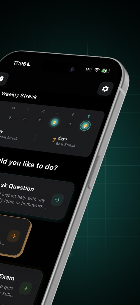 Genio AI: College Smart Tutor - Interface do aplicativo Genio AI mostrando o quadro de acompanhamento de frequência de estudo semanal e ferramentas para estudantes em um smartphone.