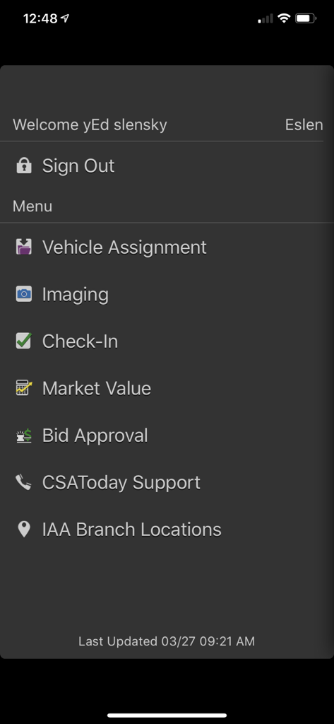 CSAToday by IAA - Main navigation menu of the CSAToday by IAA business app showing salvage management options