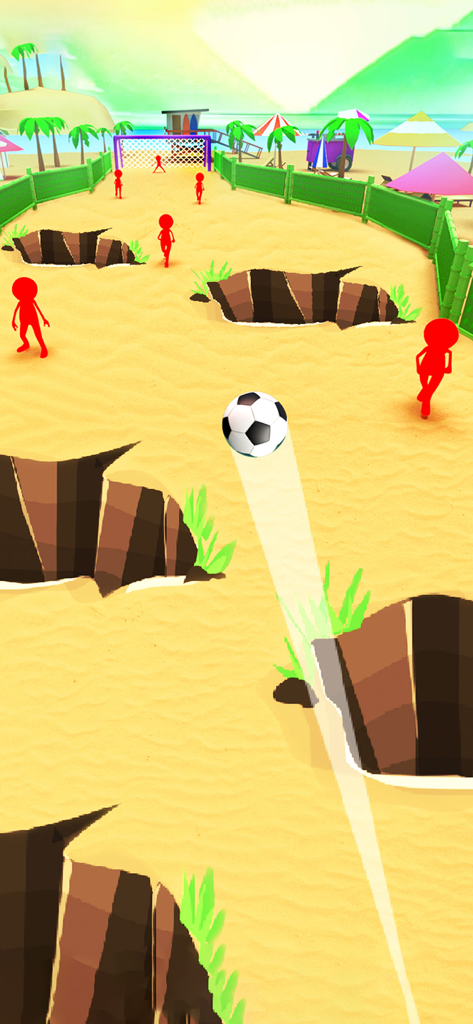 Una pelota de fútbol vuela a través de un nivel con temática de playa con pozos de arena y defensores de stickman rojos hacia una portería.