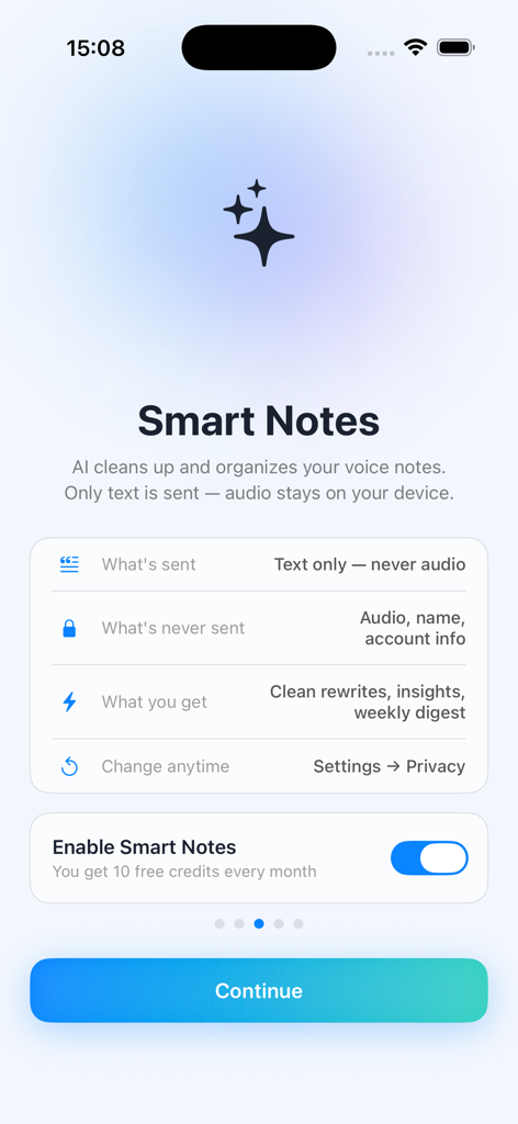 Affirmations - Voicey - 개인 정보 보호 세부 정보가 포함된 Voicey 앱의 스마트 노트 활성화 인터페이스