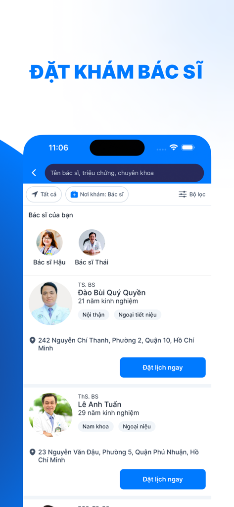 YouMed - Ứng dụng đặt khám - Interfaccia dell'app mobile YouMed che mostra un elenco di medici con i loro profili e un pulsante per prenotare un appuntamento medico.