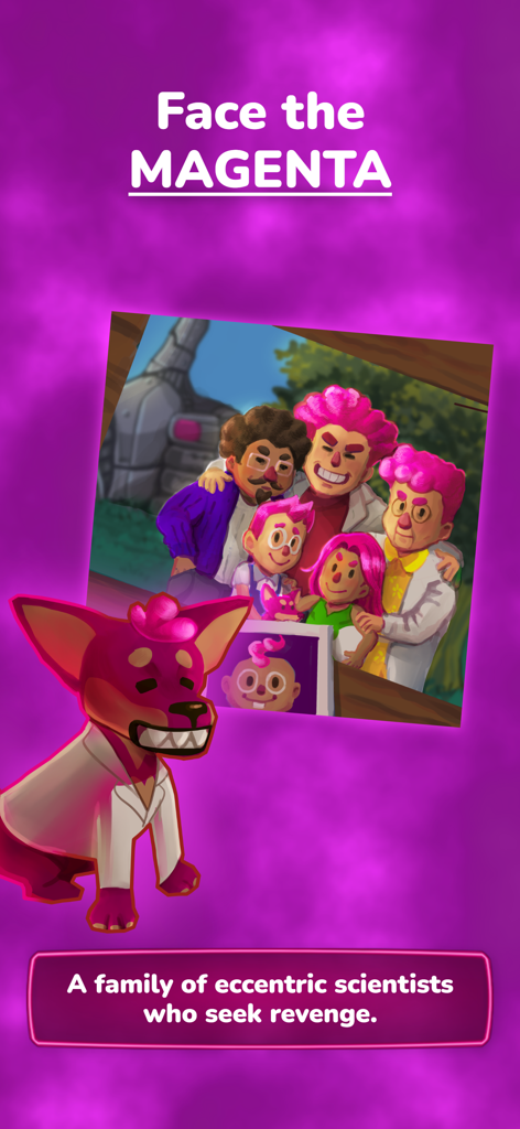 Un retrato grupal de la excéntrica familia de científicos Magenta con cabello rosa sobre un fondo púrpura.