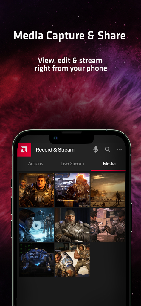 AMD Link app interface displaying a gallery of recorded game clips and screenshots on a smartphone