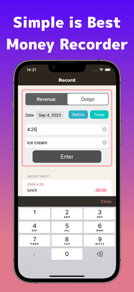 Simple Money Recorder - Manual expense entry screen in the Simple Money Recorder app featuring a numeric keypad and input fields for amount and description