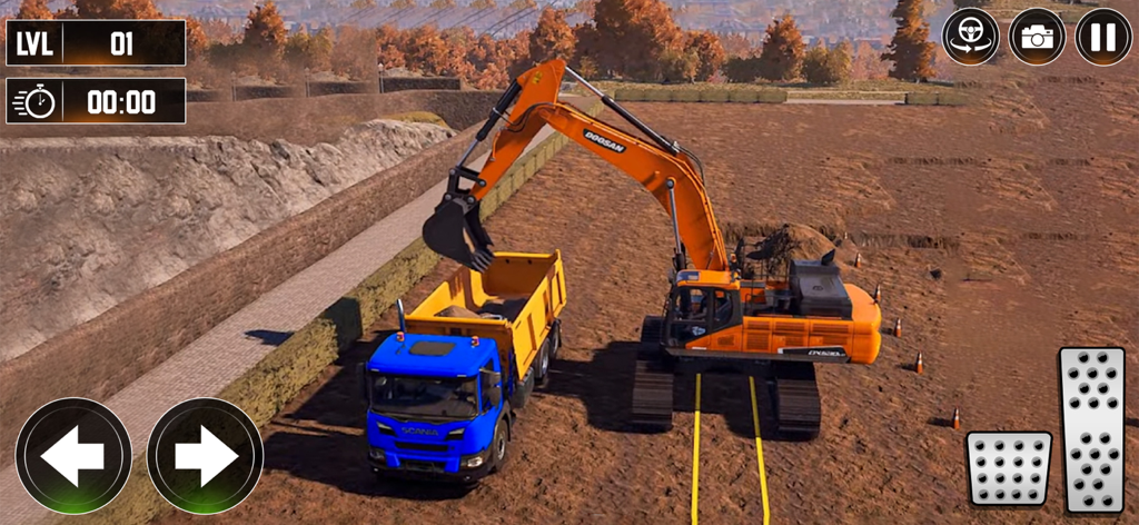 Road Construction Sim Games 3D - An orange excavator loading soil into a blue dump truck in a 3D construction simulator game