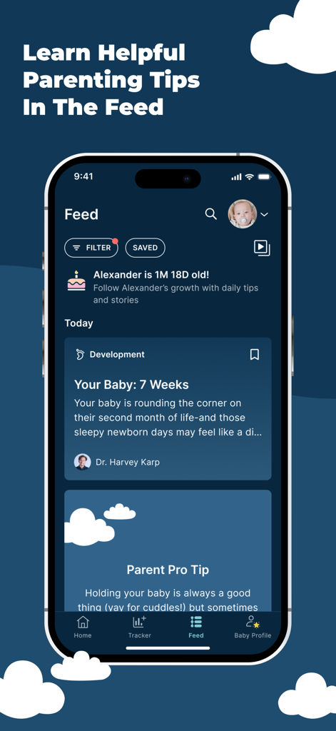 Happiest Baby app feed showing personalized parenting tips and baby development milestones
